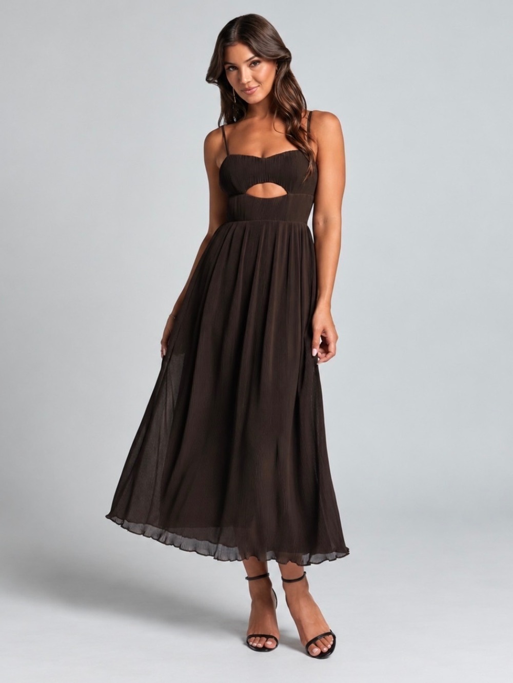 Showpo Ezri Midi Dress Chocolate Brown Pleated Cutout A-Line Size 2 NWT